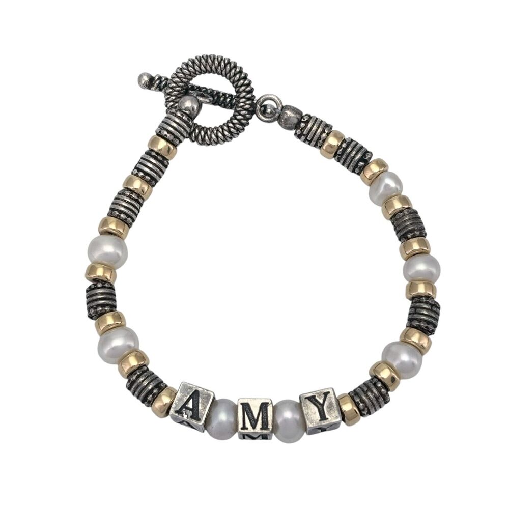 Sterling Silver 925 Gold Tone Beaded Pearl "AMY" Name Beaded Bracelet 6.75"